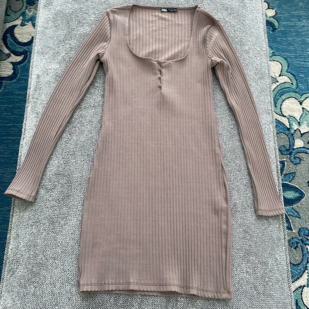 Zara Taupe Ribbed Long-Sleeve Midi Dress